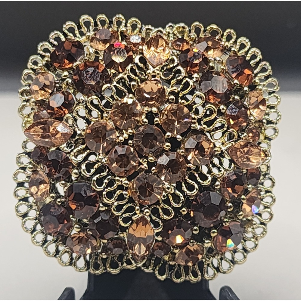 Vintage Gold Tone Square Filigree Brooch Amber Brown Rhinestone 1.5 inch Fall